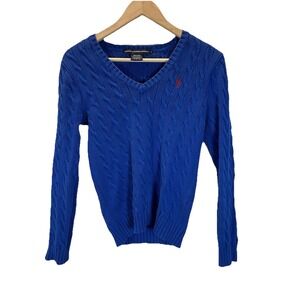 VTG Women's Ralph Lauren Sport MED Cable Knit Royal blue V-Neck Sweater Logo